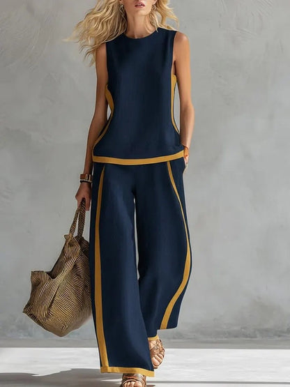 Ärmelloses Damen-Top Mit Rundhalsausschnitt Und Hochgeschnittener, Weit Geschnittener Hose – Farbblock-Design