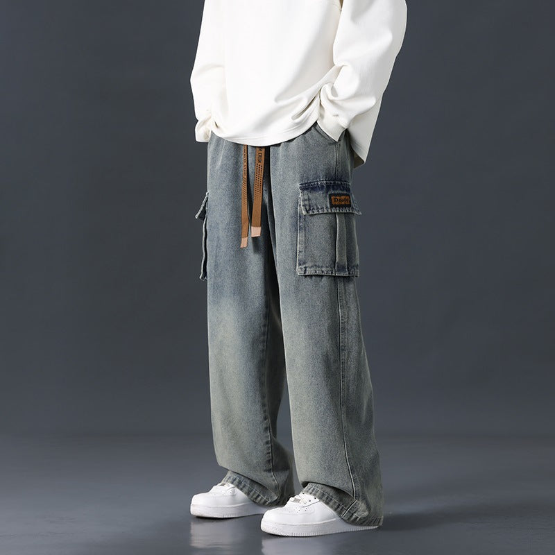 Herren-Denim-Jeans Für Den Herbst, Weites Bein, Gerader Schnitt, Locker Fallend, Farbverlauf, Gewaschen, Mittelhoher Bund Mit Mikro-Gummizug
