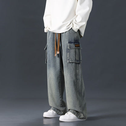 Herren-Denim-Jeans Für Den Herbst, Weites Bein, Gerader Schnitt, Locker Fallend, Farbverlauf, Gewaschen, Mittelhoher Bund Mit Mikro-Gummizug