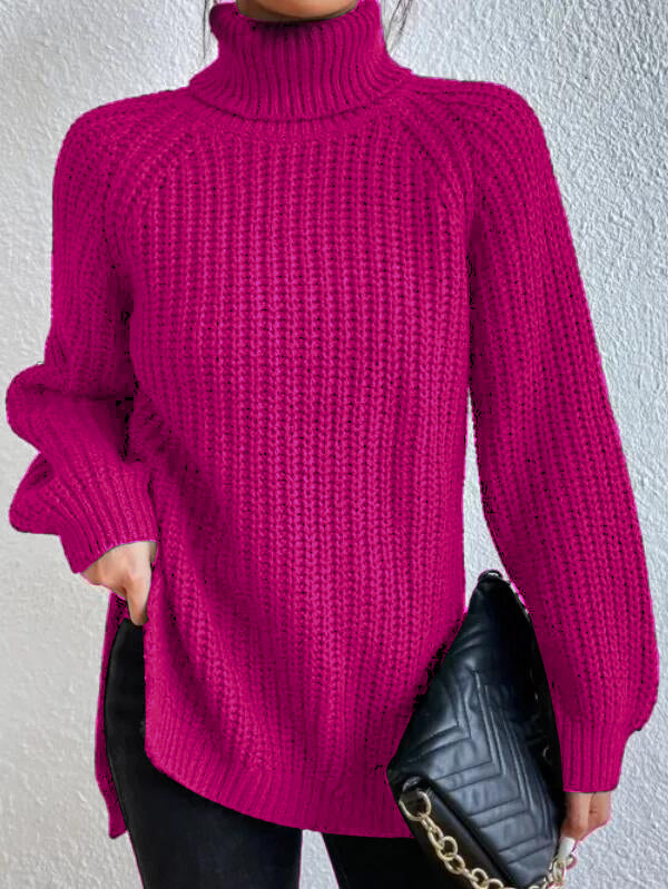 Women's Turtleneck Sweater with Raglan Sleeves and Slit Hem – Cotton Blend