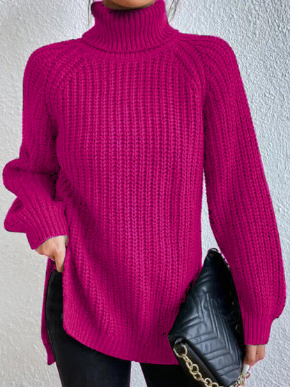 Women's Turtleneck Sweater with Raglan Sleeves and Slit Hem – Cotton Blend