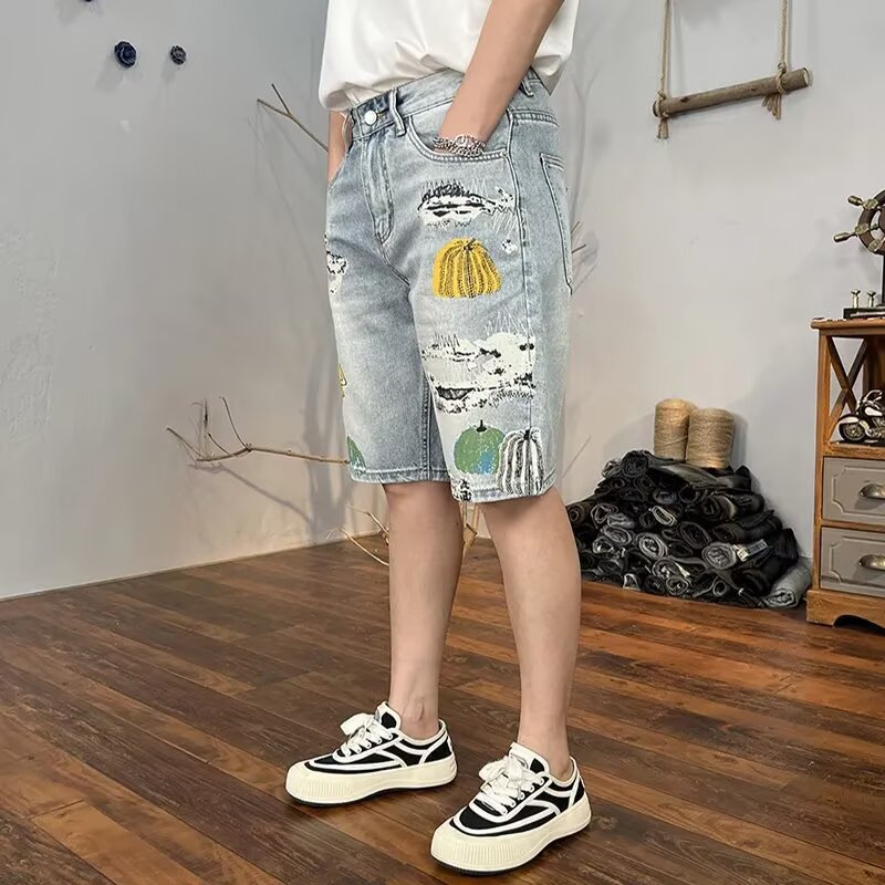 Herren Sommer Cropped Shorts, Helle Waschung, Used-Look, Risse, Lockere Passform