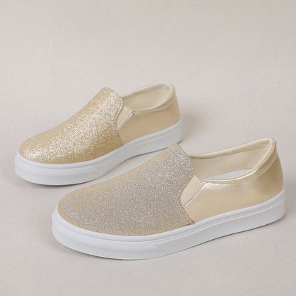 Women's slip-ons with round toe, sequins, elastic band, and flat rubber sole