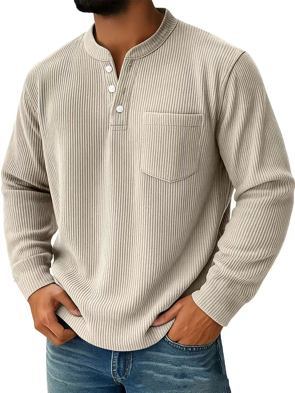 Herren Langarm Henley Shirt mit Drei Knopf Kragen – Strukturierte Oberfläche Normale Passform