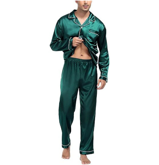 Women's Pajama Set, Long-Sleeved, Loose-Fitting Top with Button Placket and Pants Made of Ice Silk.