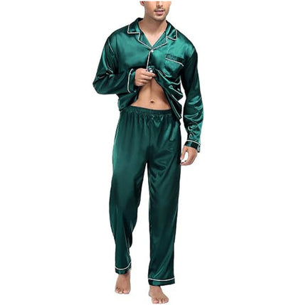 Women's Pajama Set, Long-Sleeved, Loose-Fitting Top with Button Placket and Pants Made of Ice Silk.