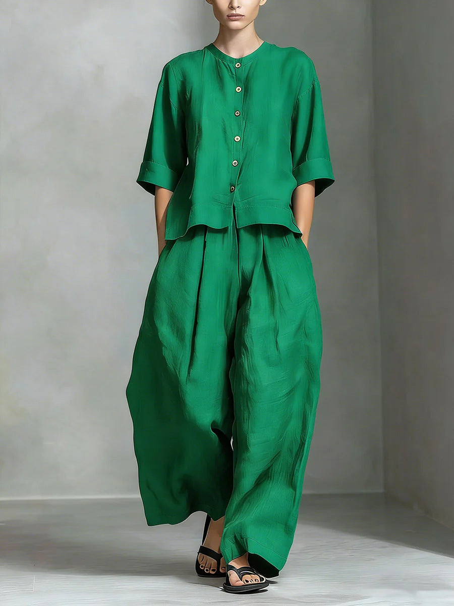 Zweiteiliges Set Aus Damenbluse Im Leinenstil Aus Baumwollmischgewebe Und Locker Sitzender Langer Hose