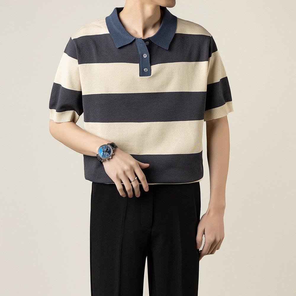 Herren Sommer Gestreiftes Kurzarm-Strickpoloshirt Slim Fit Leichtes Oberteil