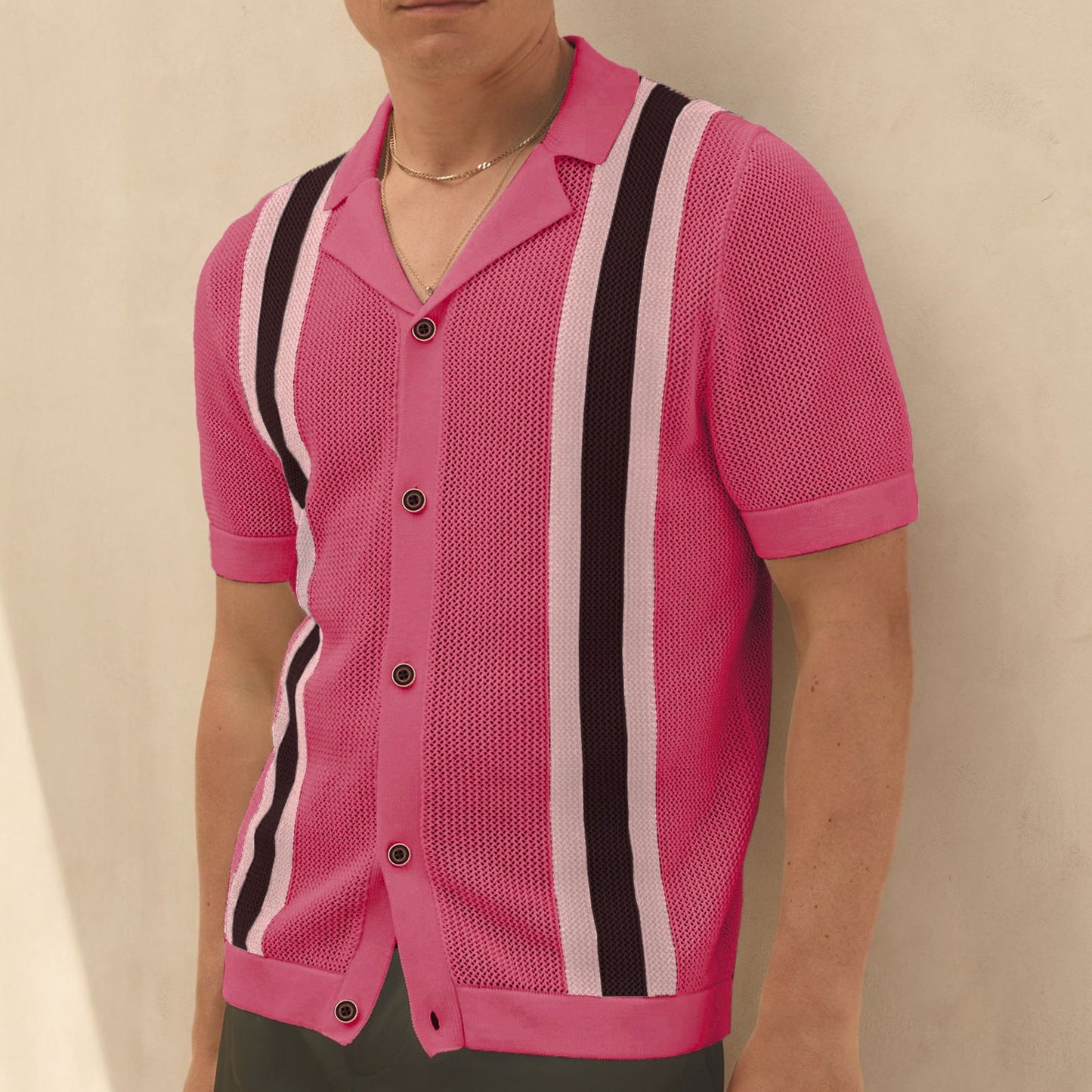 Herren Sommer Farbblock Kurzarm Strickcardigan Mit Kubanischem Kragen, Strickmuster