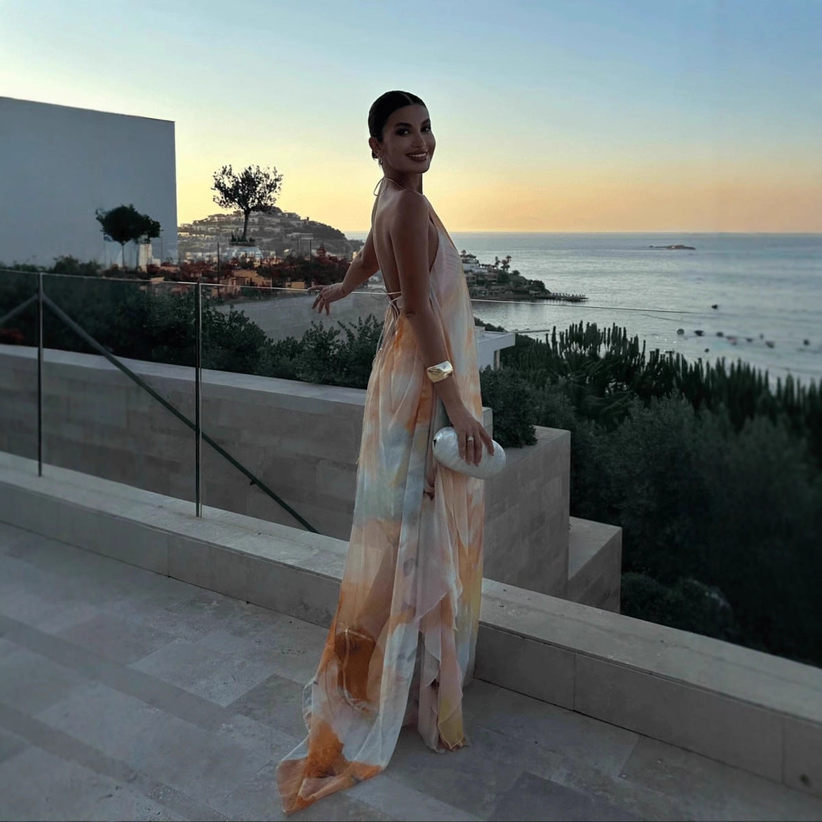 Women's Summer Maxi Dress with Print, Halter Neck, Sleeveless, Backless, Loose Fit