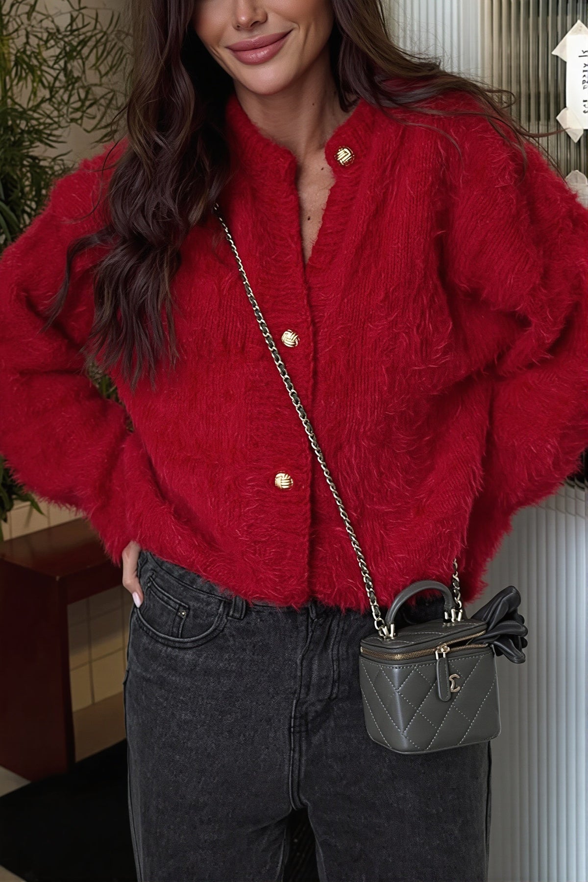Damen Cardigan Mit Flauschiger Haptik Und Goldfarbenen Knöpfen