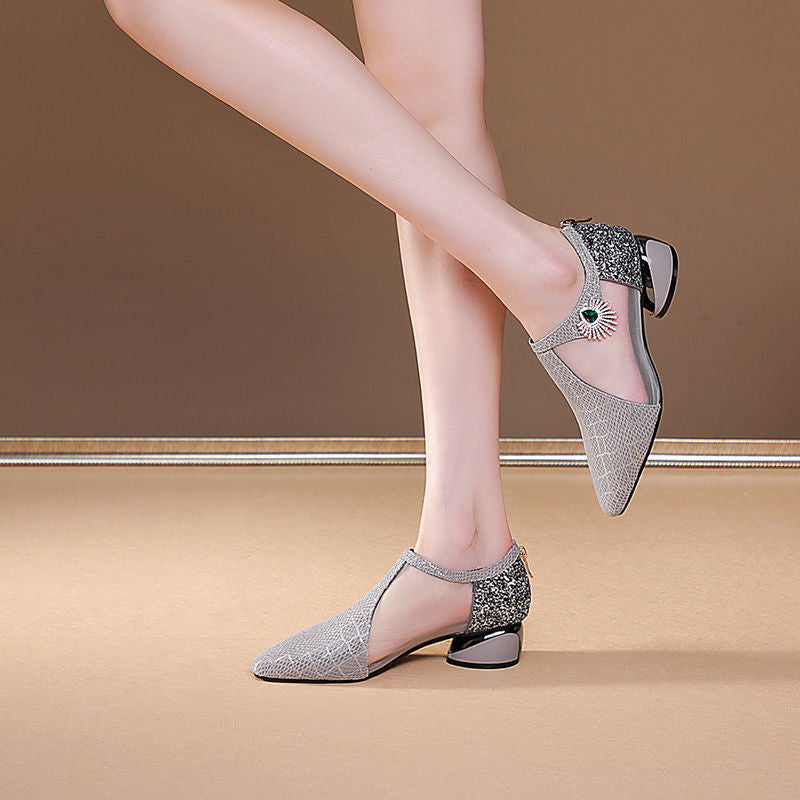Damen-Sommersandalen Mit Spitzer Zehenpartie, Mesh-Einsätzen Und Strasssteinen Sowie Blockabsatz
