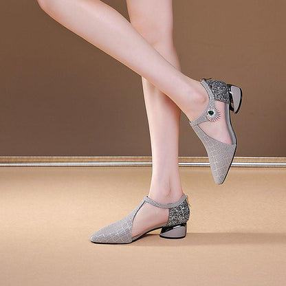 Damen-Sommersandalen Mit Spitzer Zehenpartie, Mesh-Einsätzen Und Strasssteinen Sowie Blockabsatz