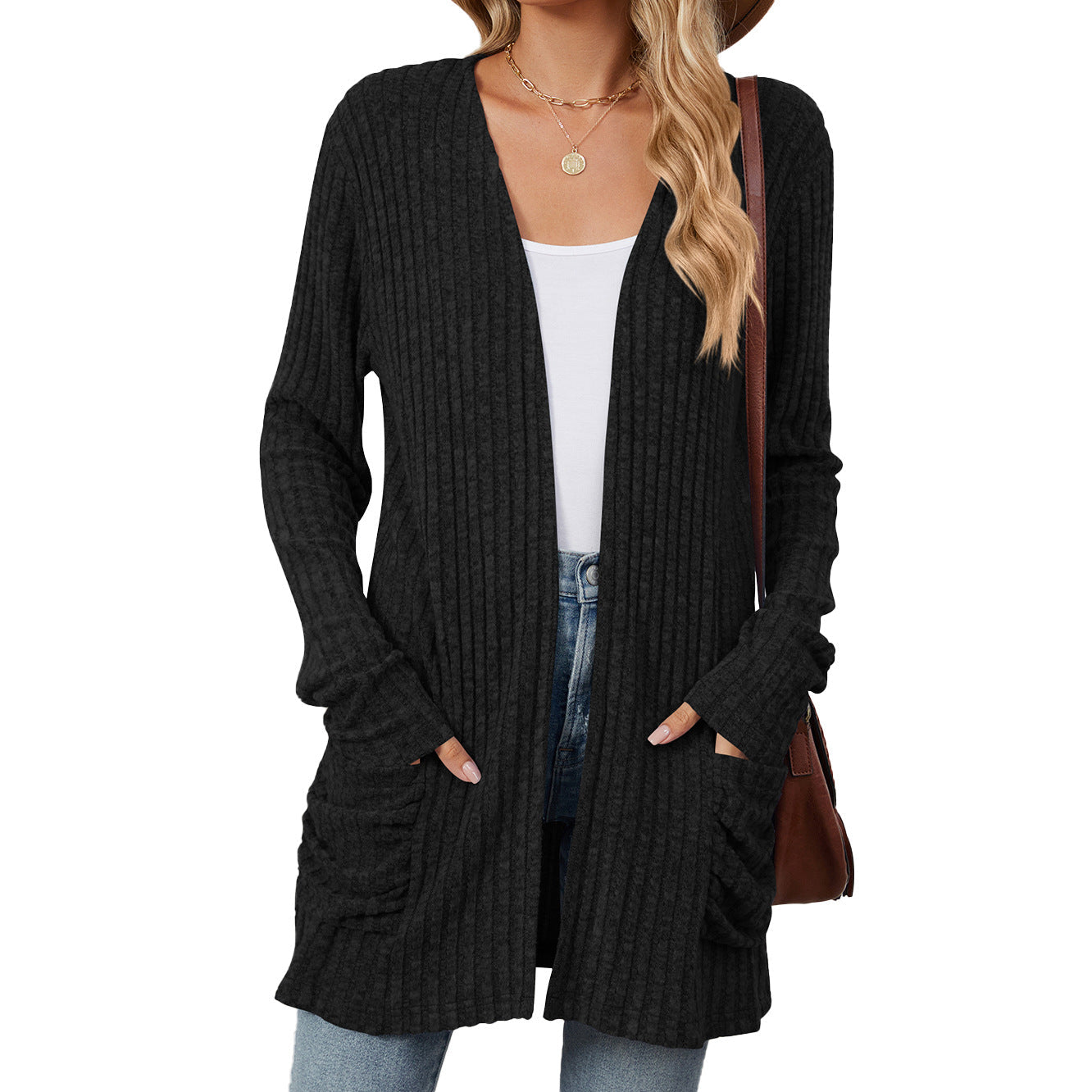 Women's knitted jacket with long sleeves, plain, with pockets