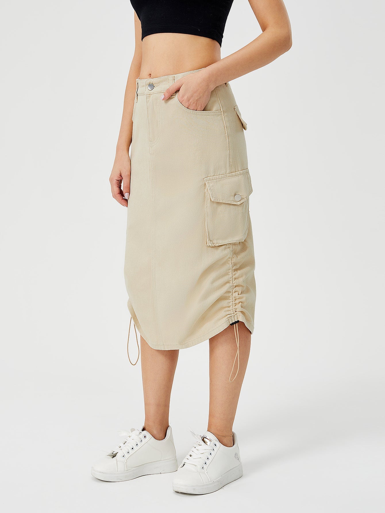 Damen Cargo-Midirock mit hohem Bund, Frontschlitz und mehreren Taschen