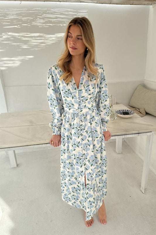 Damen Sommer Midikleid Mit Hortensienmuster, Langen Ärmeln Und Knopfleiste