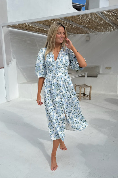 Damen Sommer Midikleid Mit Hortensienmuster, Langen Ärmeln Und Knopfleiste