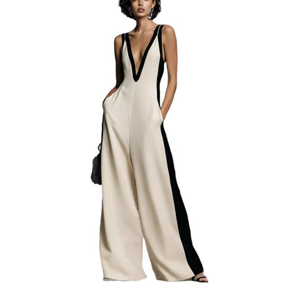 Ärmelloser Damen-Jumpsuit Mit V-Ausschnitt Und Weitem Bein Sowie Kontrastierendem Patchwork-Design