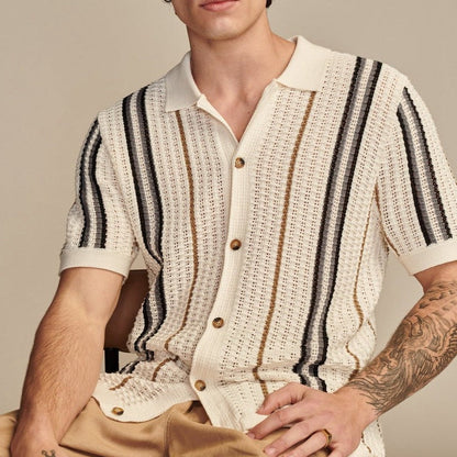 Herren Sommer Gestreifter Strick-Polo-Cardigan Mit Kurzen Ärmeln Im Britischen Stil