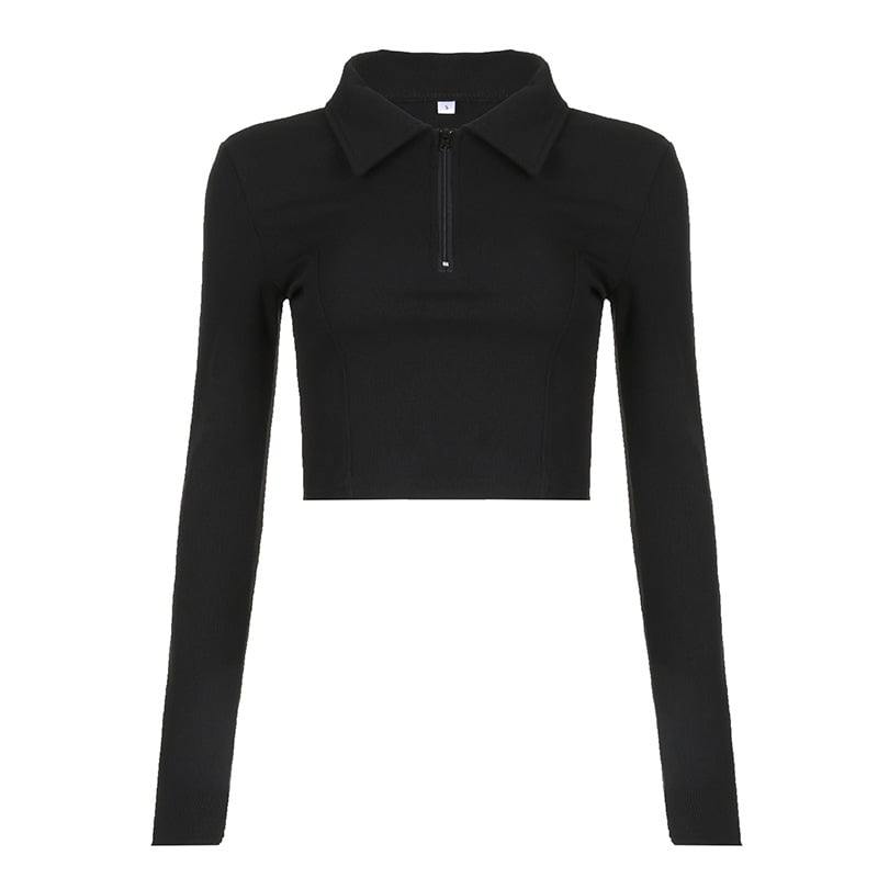 Schwarzes langärmeliges Crop-Top mit Reißverschluss und Kragen, modisches Damenoberteil, elegantes Design, ideal für trendige Outfits.