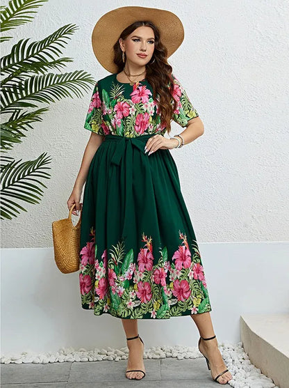 Damen Sommerkleid Grün mit Print, A-Linie und Schnürung – Rundhals Style