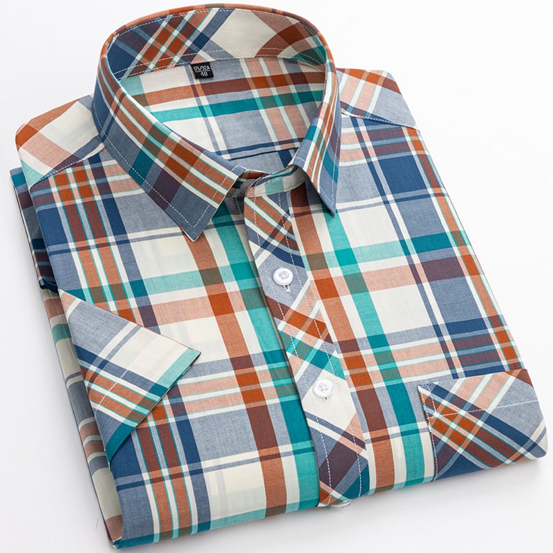 Men's Short-Sleeve Shirt with Check Pattern and Button Placket – Cotton Blend