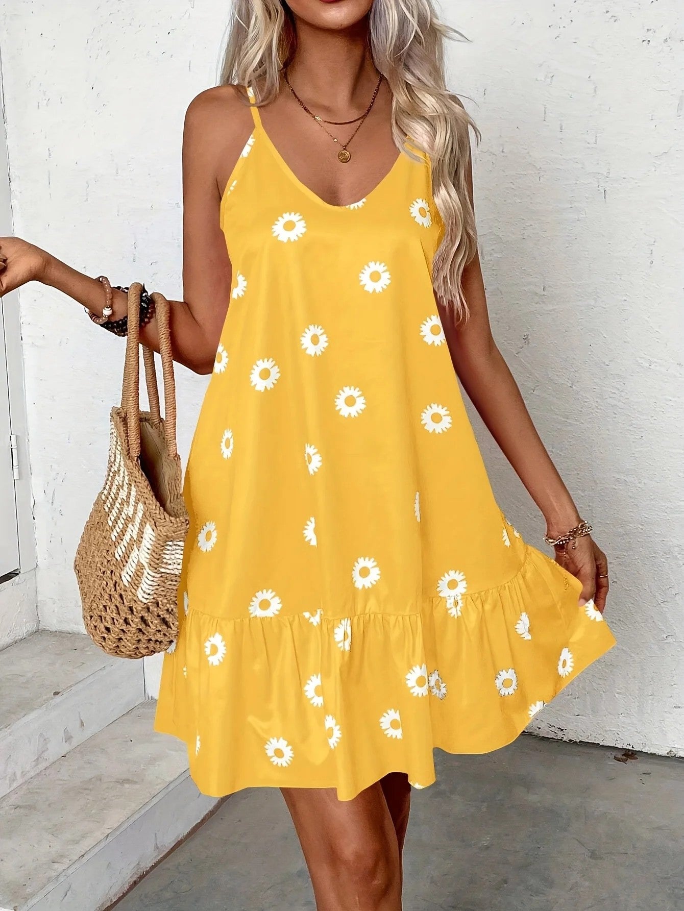 Damen Sommerkleid in Übergröße – Ärmellos Volant Saum Blumenmuster