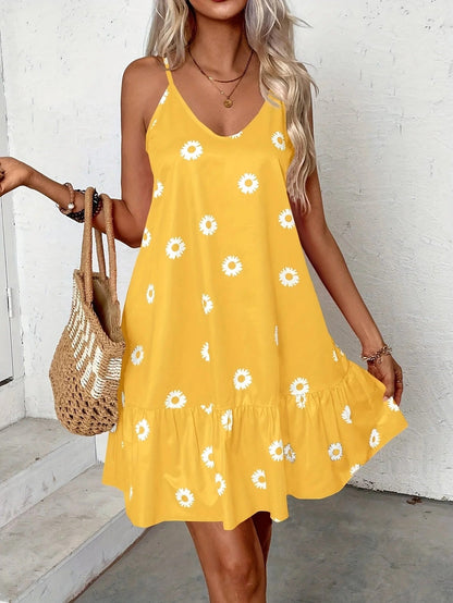 Damen Sommerkleid in Übergröße – Ärmellos Volant Saum Blumenmuster