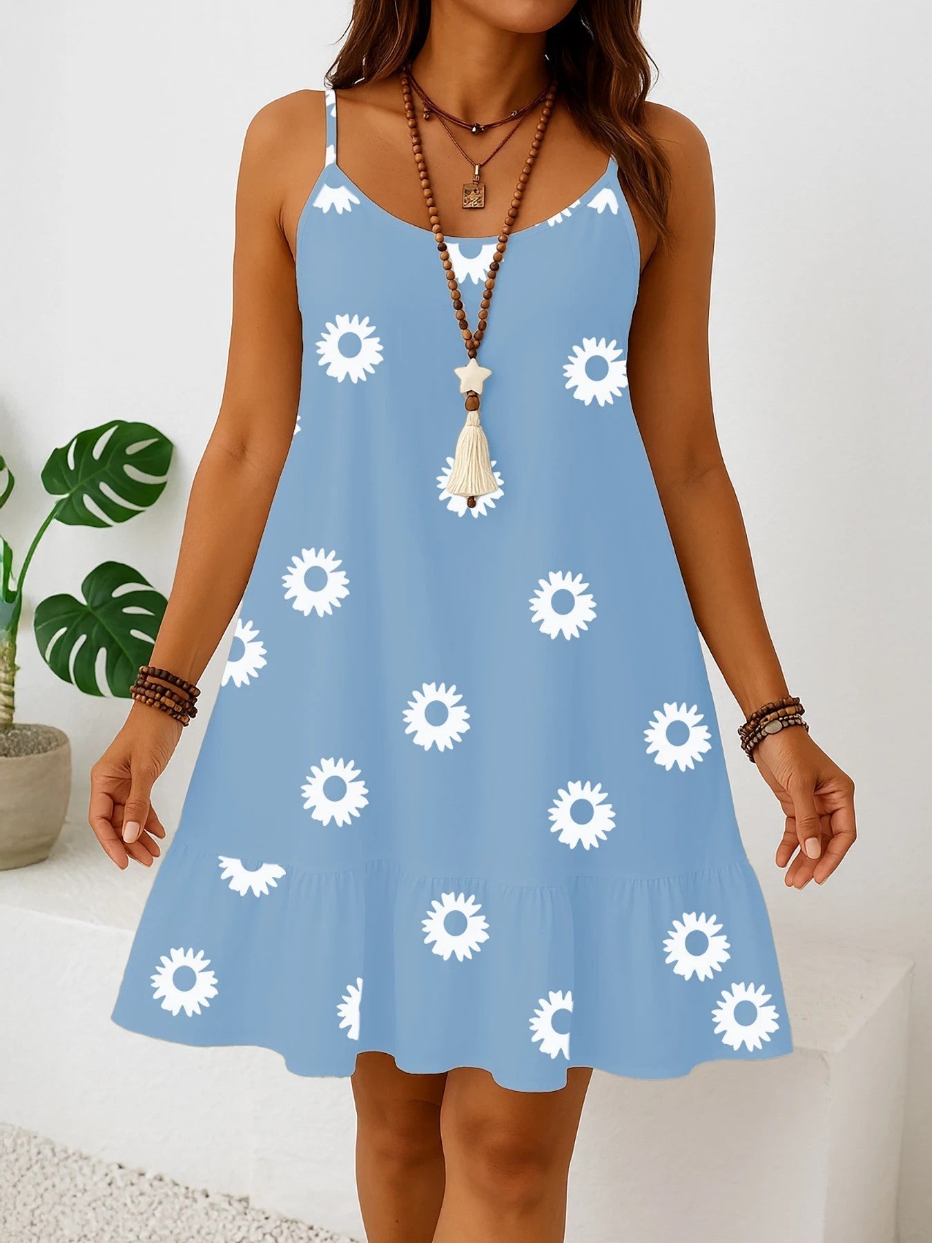 Damen Sommerkleid in Übergröße – Ärmellos Volant Saum Blumenmuster