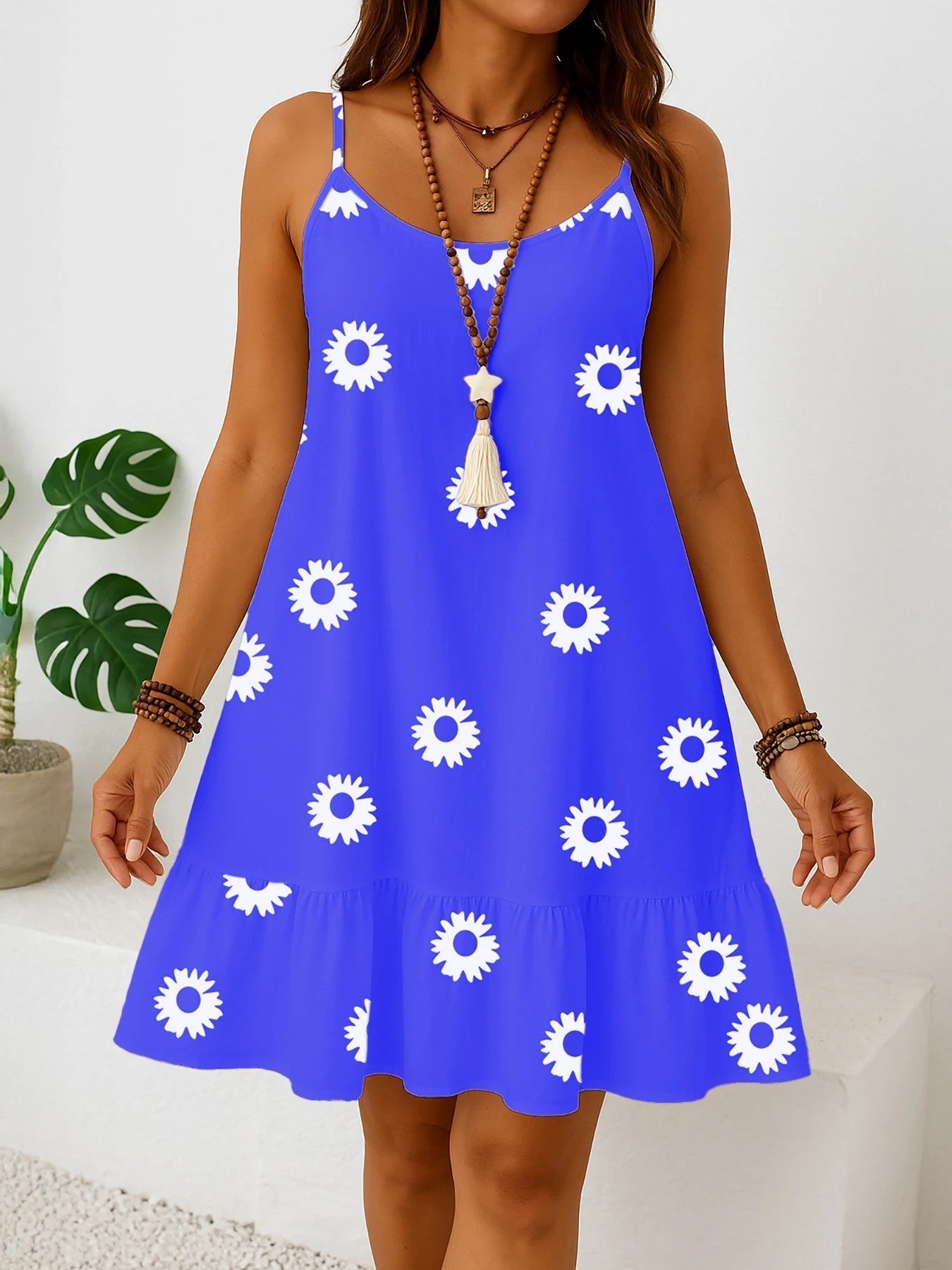 Damen Sommerkleid in Übergröße – Ärmellos Volant Saum Blumenmuster