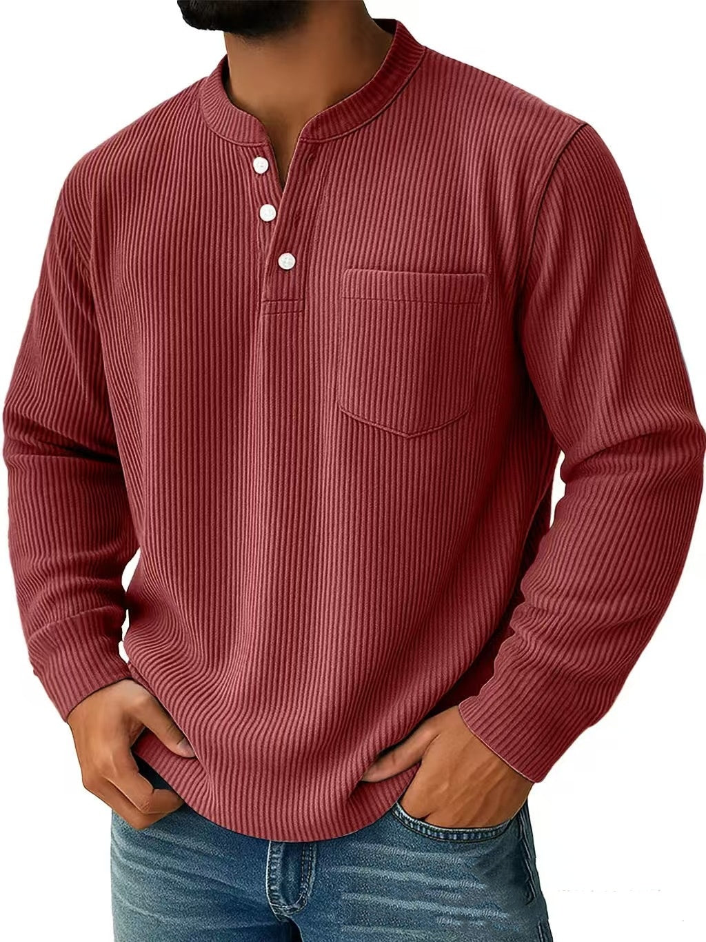 Herren Langarm Henley Shirt mit Drei Knopf Kragen – Strukturierte Oberfläche Normale Passform