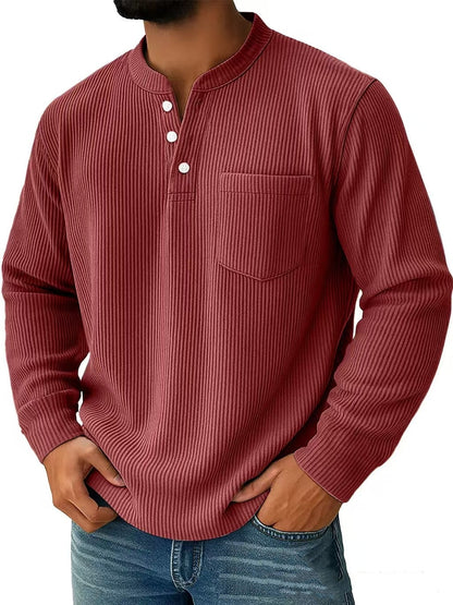 Herren Langarm Henley Shirt mit Drei Knopf Kragen – Strukturierte Oberfläche Normale Passform