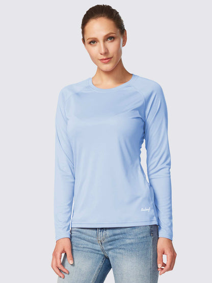 Women's sun protection shirt with round neckline and long raglan sleeve