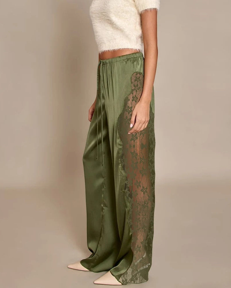 Damen High Waist Hose mit Spitzenbesatz und Geradem Bein
