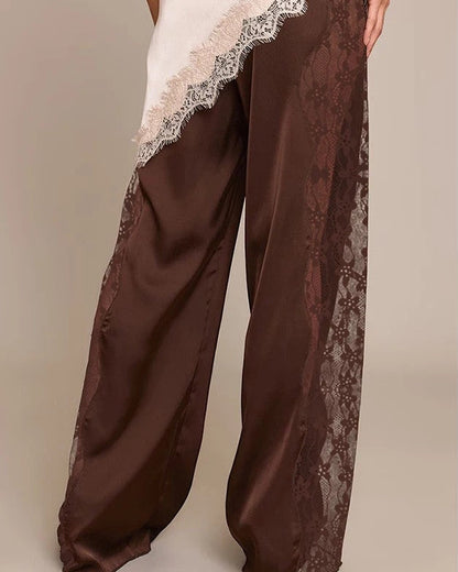 Damen High Waist Hose mit Spitzenbesatz und Geradem Bein