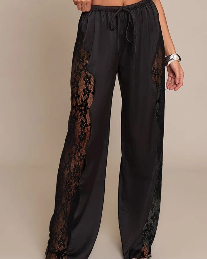Damen High Waist Hose mit Spitzenbesatz und Geradem Bein
