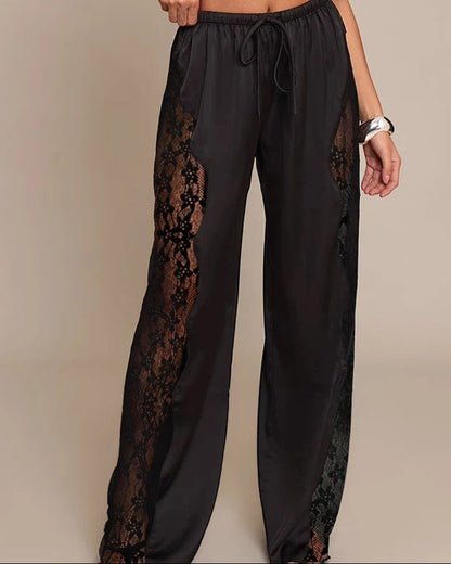 Damen High Waist Hose mit Spitzenbesatz und Geradem Bein