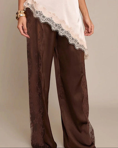 Damen High Waist Hose mit Spitzenbesatz und Geradem Bein