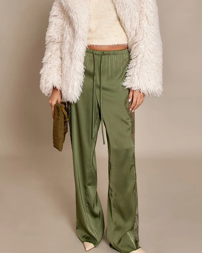 Damen High Waist Hose mit Spitzenbesatz und Geradem Bein