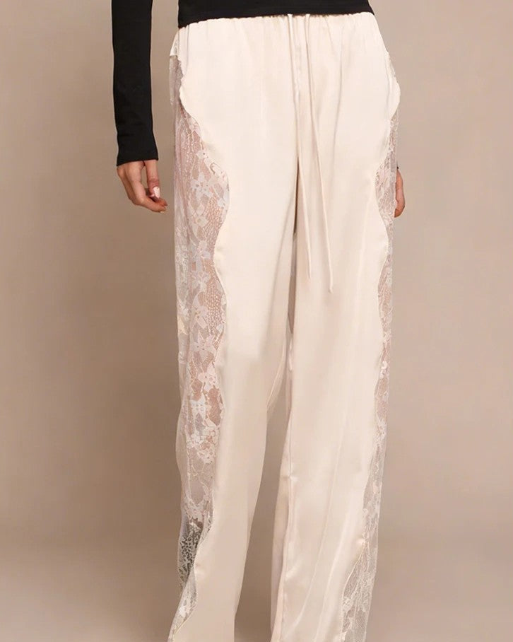 Damen High Waist Hose mit Spitzenbesatz und Geradem Bein
