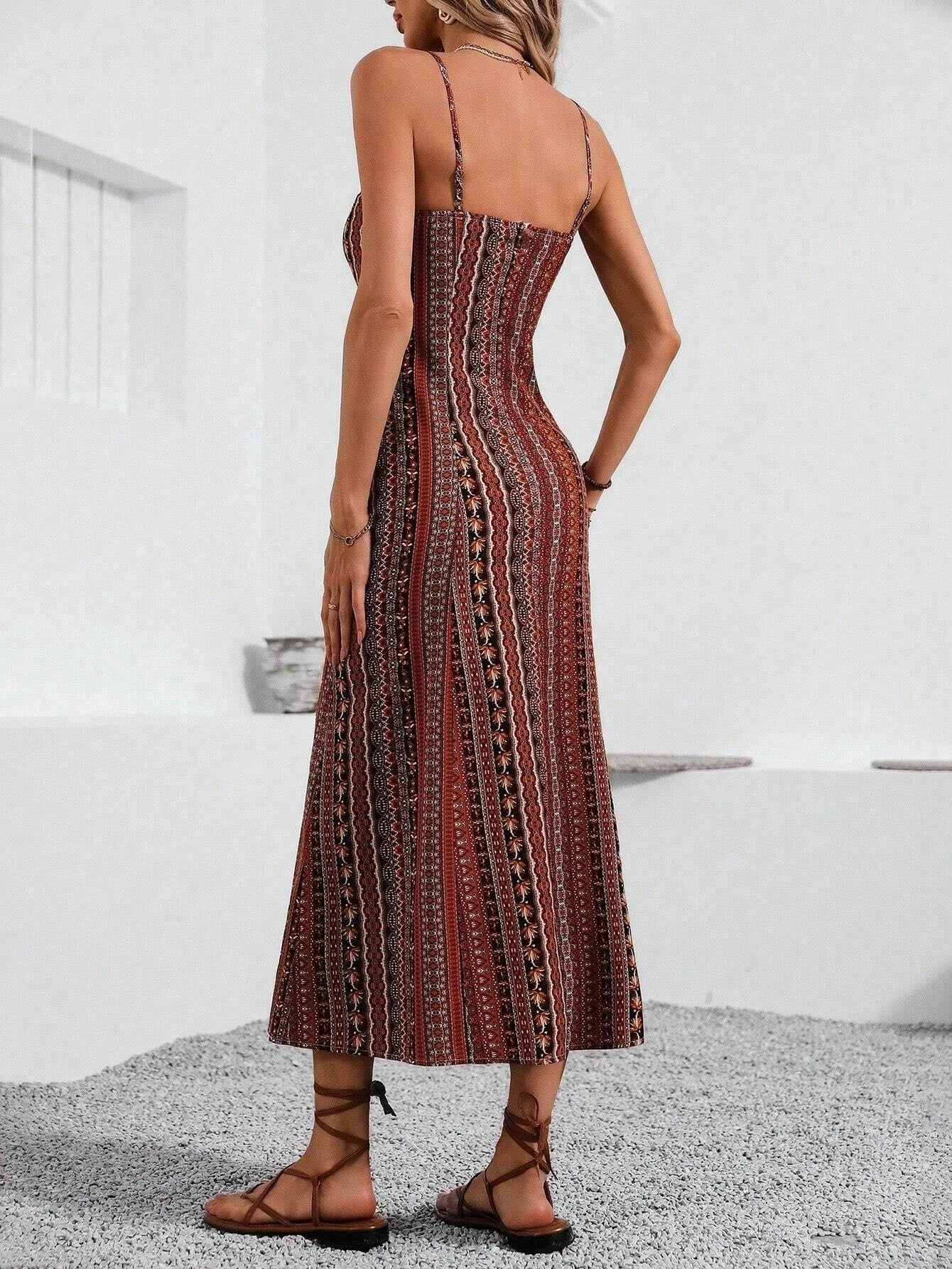 Damen Sommer Maxikleid Rückenfrei – Ethnoprint Beinschlitz Rüschenbesatz