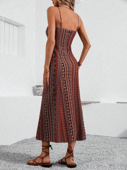 Damen Sommer Maxikleid Rückenfrei – Ethnoprint Beinschlitz Rüschenbesatz