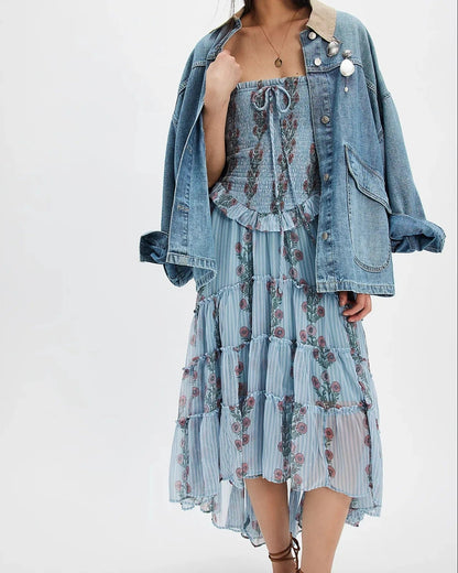Damen Midikleid mit Blumenmuster – Gesmoktes Oberteil Verstellbare Träger
