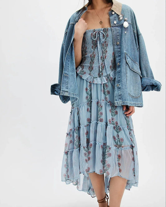 Damen Midikleid mit Blumenmuster – Gesmoktes Oberteil Verstellbare Träger