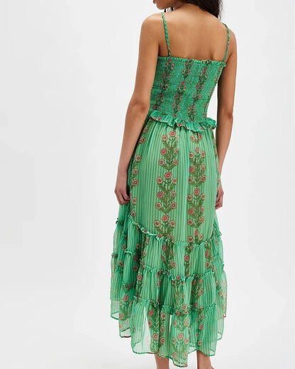Damen Midikleid mit Blumenmuster – Gesmoktes Oberteil Verstellbare Träger