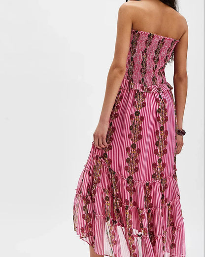 Damen Midikleid mit Blumenmuster – Gesmoktes Oberteil Verstellbare Träger