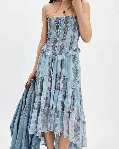 Damen Midikleid mit Blumenmuster – Gesmoktes Oberteil Verstellbare Träger
