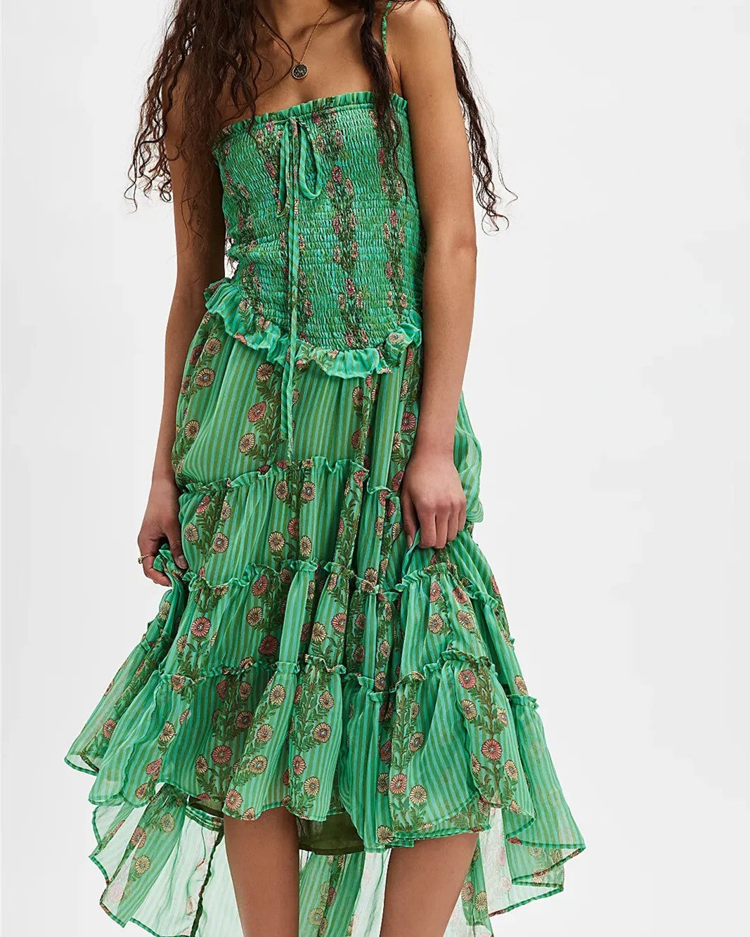 Damen Midikleid mit Blumenmuster – Gesmoktes Oberteil Verstellbare Träger
