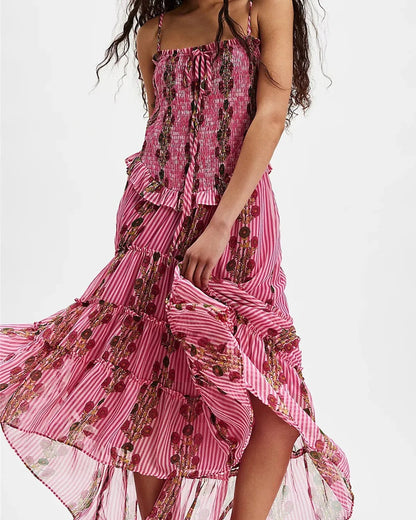 Damen Midikleid mit Blumenmuster – Gesmoktes Oberteil Verstellbare Träger