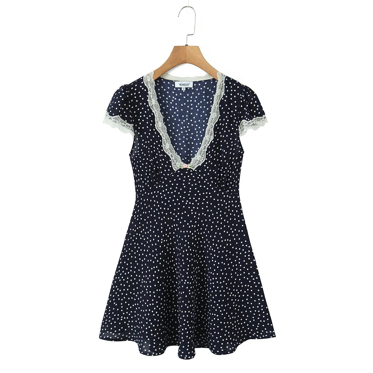 Damen Midikleid mit Polka Dot Muster – V Ausschnitt Taillengürtel Puffärmel